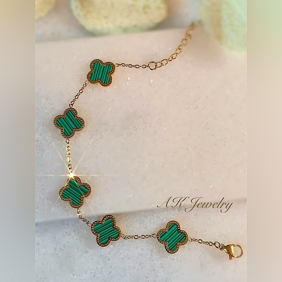 💎18k Green Malachite BRACELET 5 Motifs Clover Flower DESIGNER INSPIRED - Picture 2 of 5